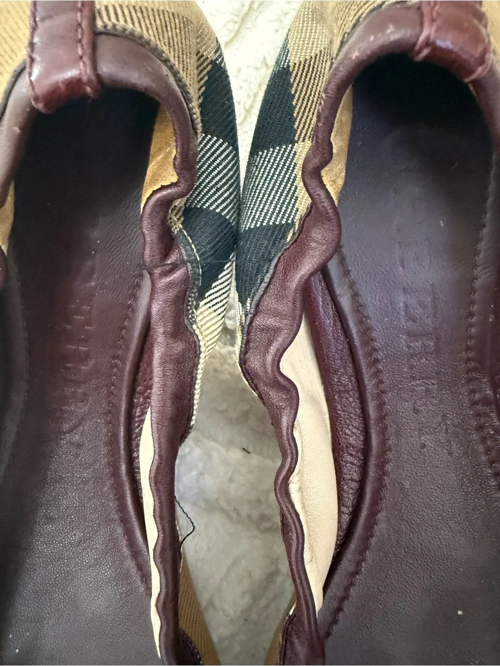Burberry Beige Check Ballet Flats with Burgundy Leather & Gold Horsebit